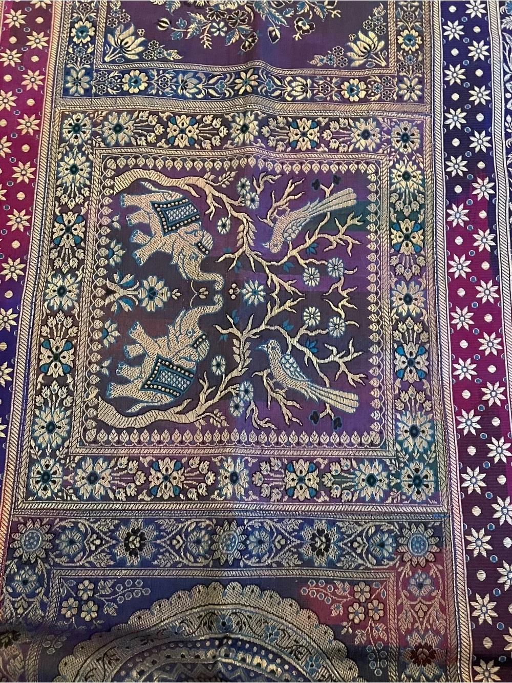 Indian Silk Brocade Table‎ Runner 76x18 Mandalas Elephants Birds